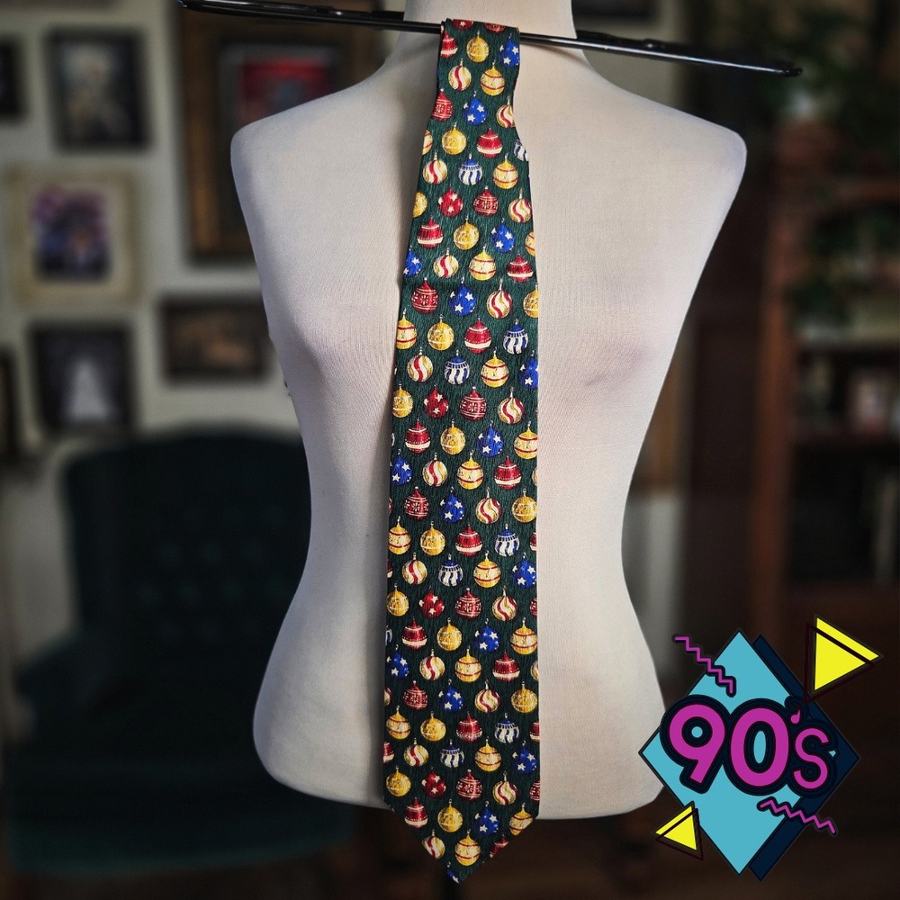Vintage Christmas Tie Structure Silk 90s Green Ornament Holiday Mens Necktie USA